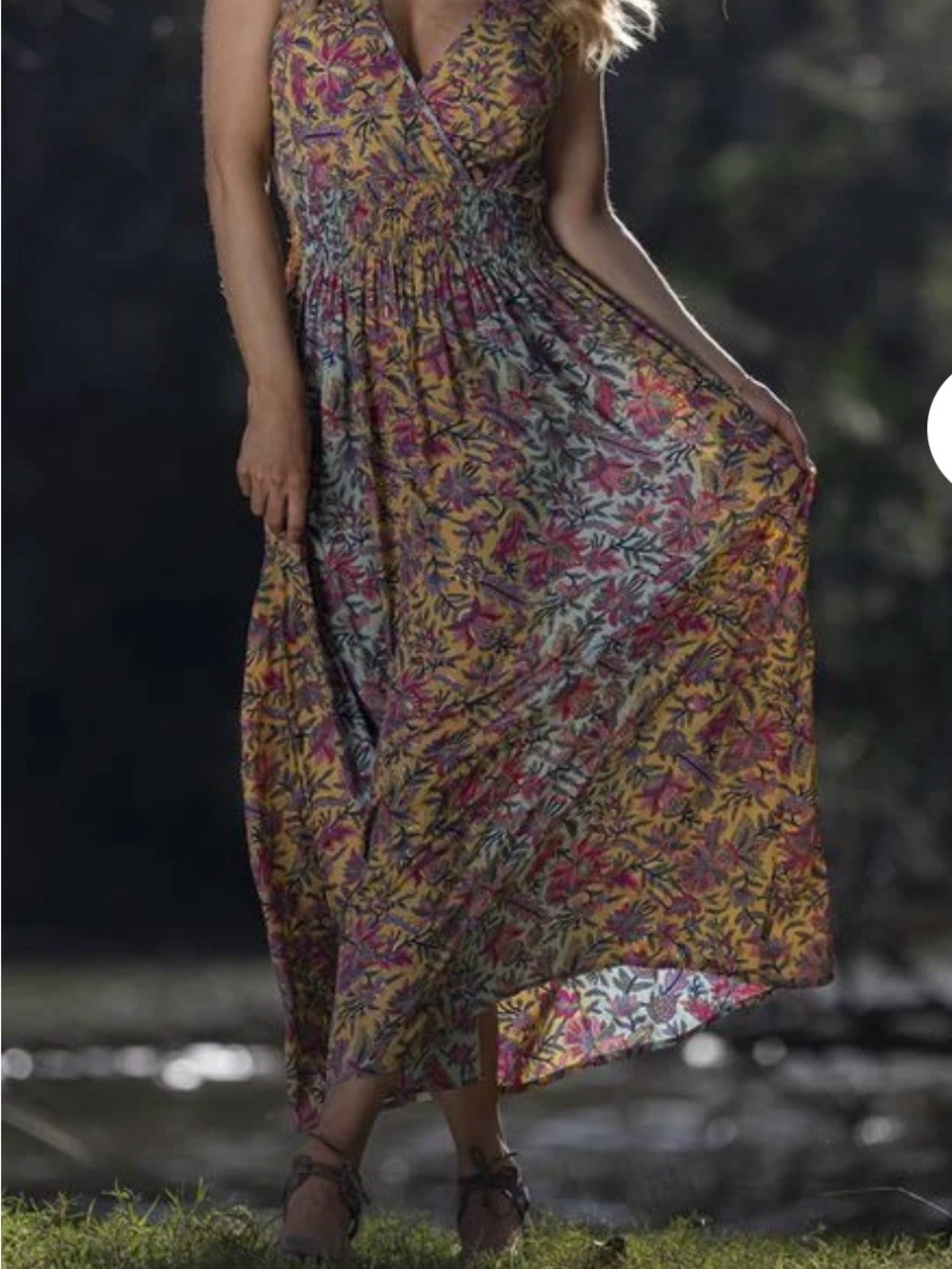 Floral V-Neck Maxi Dress in Mustard and Pink Cienna Caitlin Maxi Dress-L